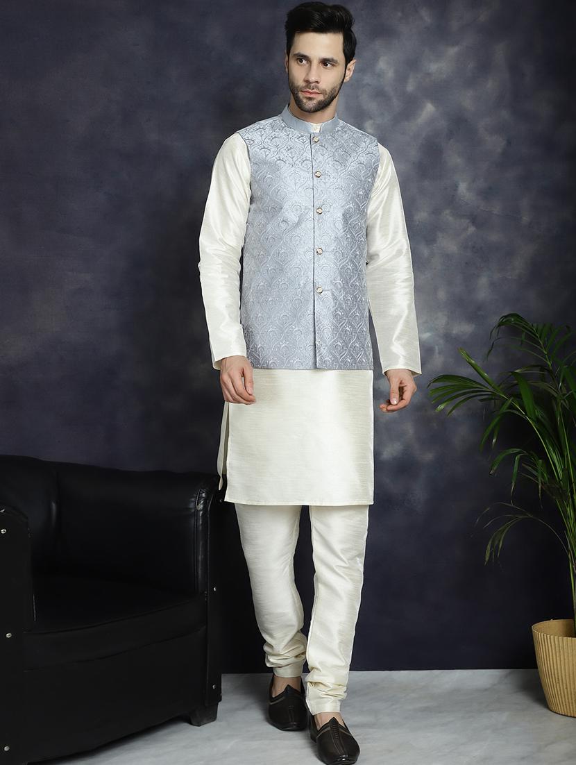 grey silk blend kurta pyjama with jacket ethnic wear set - 21018424 -  Zoom Image - 0