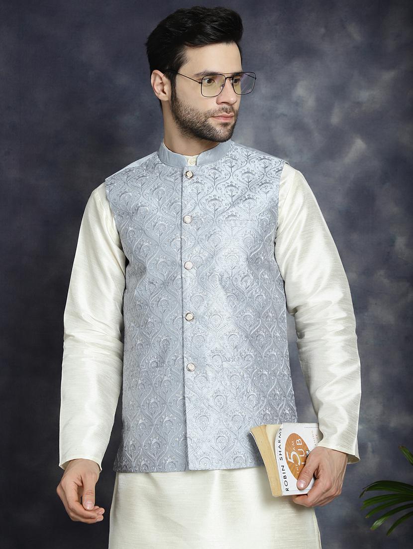 grey silk blend kurta pyjama with jacket ethnic wear set - 21018424 - Standard Image - 3