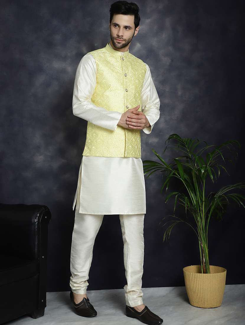 yellow silk blend kurta pyjama with jacket ethnic wear set - 21018427 - Zoom Image - 0
