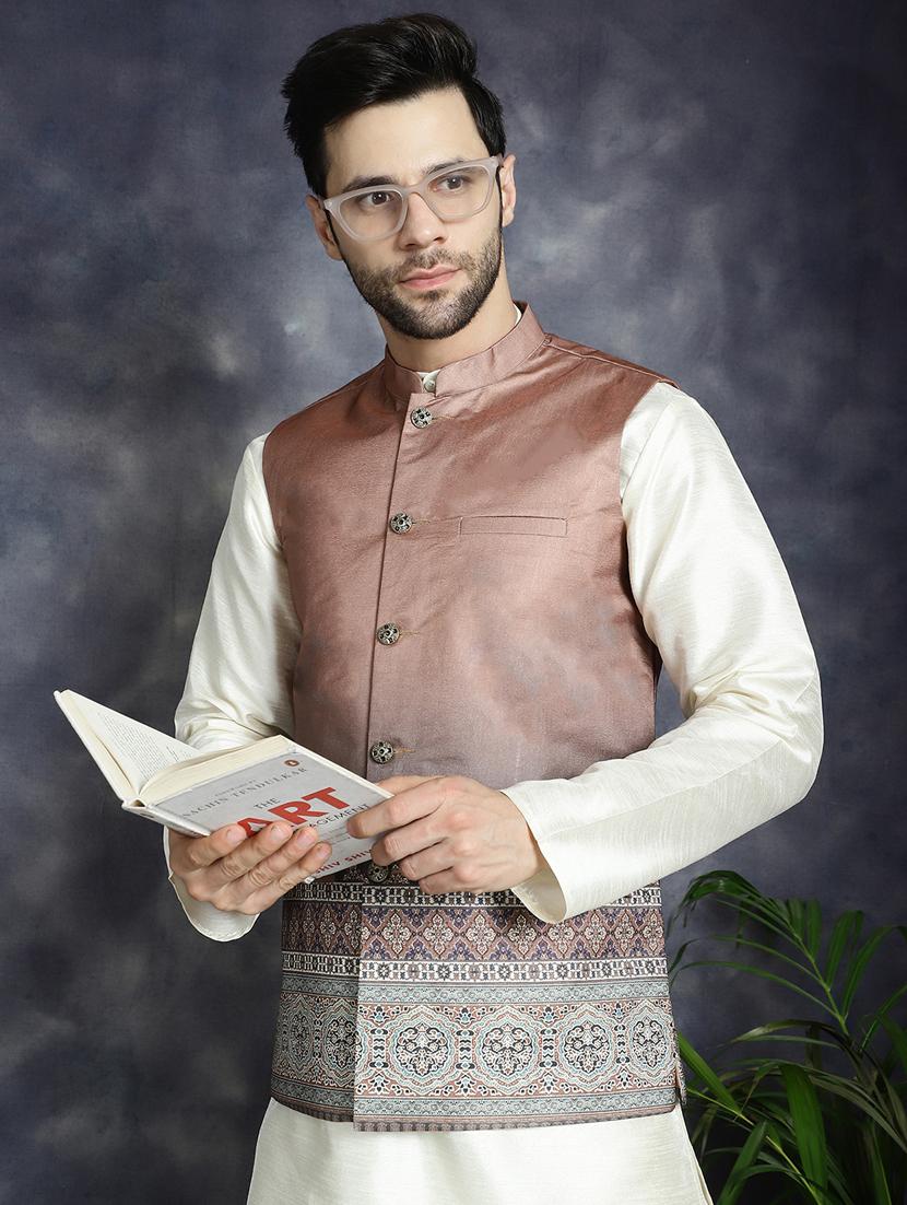 brown silk blend kurta pyjama with jacket ethnic wear set - 21018429 - Standard Image - 3
