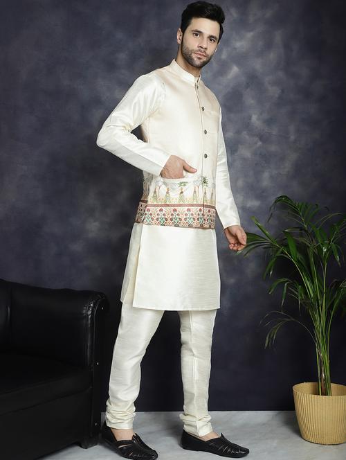 golden silk blend kurta pyjama with jacket ethnic wear set - 21018430 - Standard Image - 0