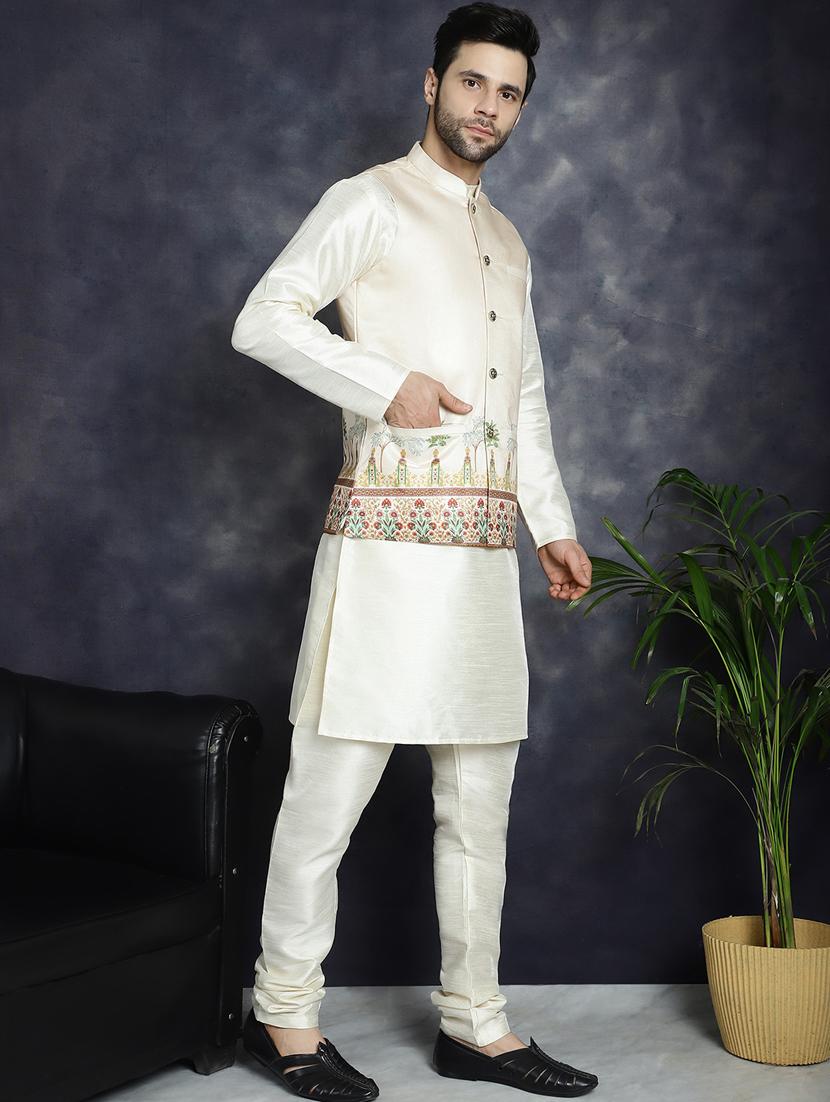 golden silk blend kurta pyjama with jacket ethnic wear set - 21018430 - Zoom Image - 0