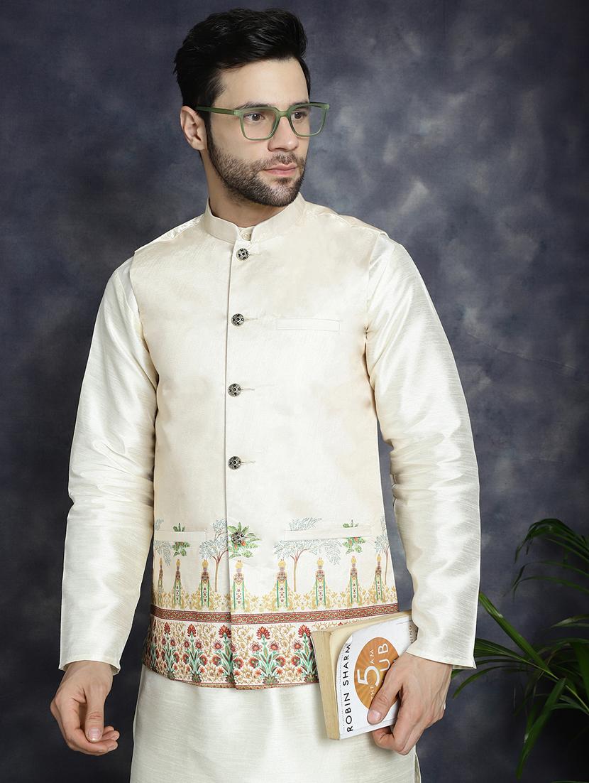 golden silk blend kurta pyjama with jacket ethnic wear set - 21018430 - Standard Image - 3