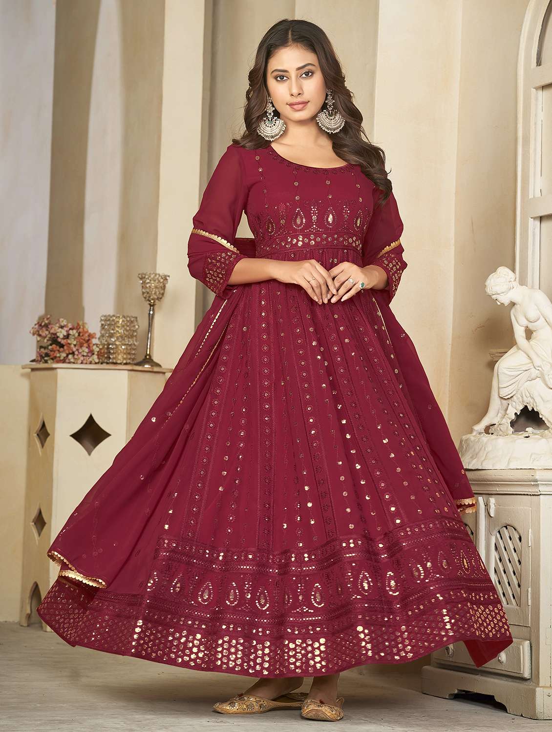 mirror work ethnic gown with dupatta - 21018616 - Standard Image - 3