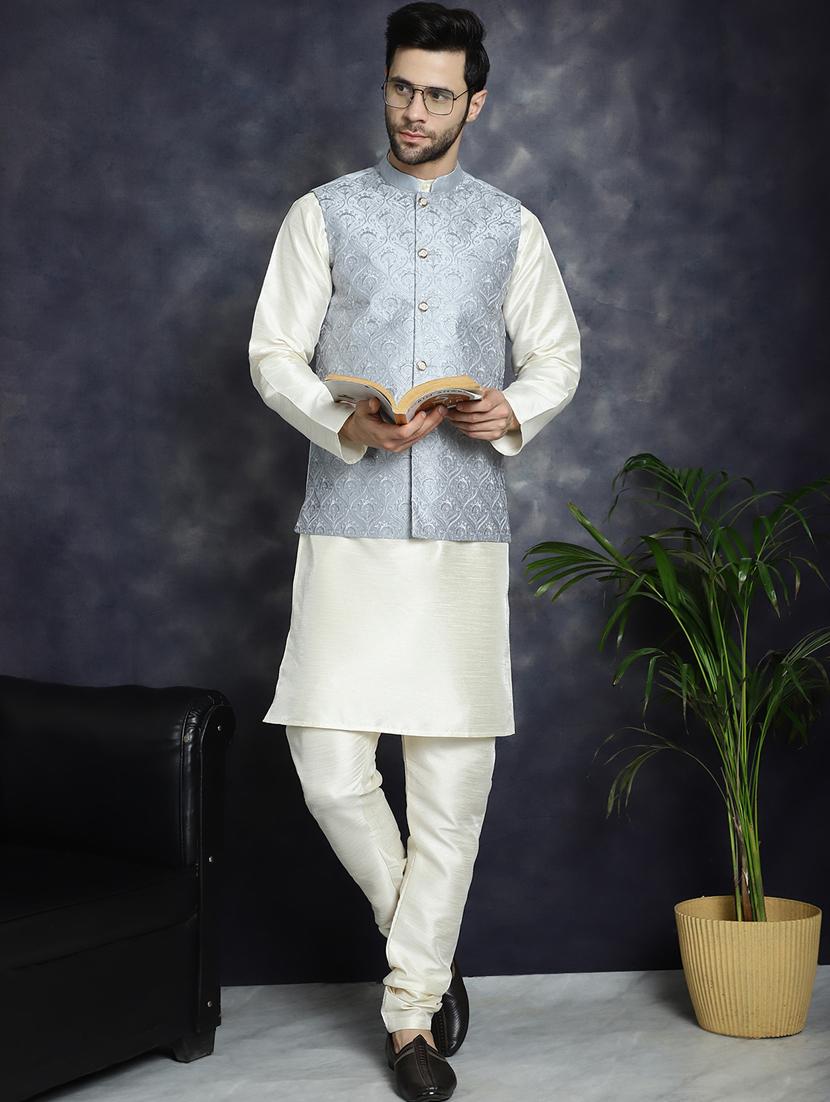 grey silk blend nehru jacket - 21018651 - Standard Image - 3