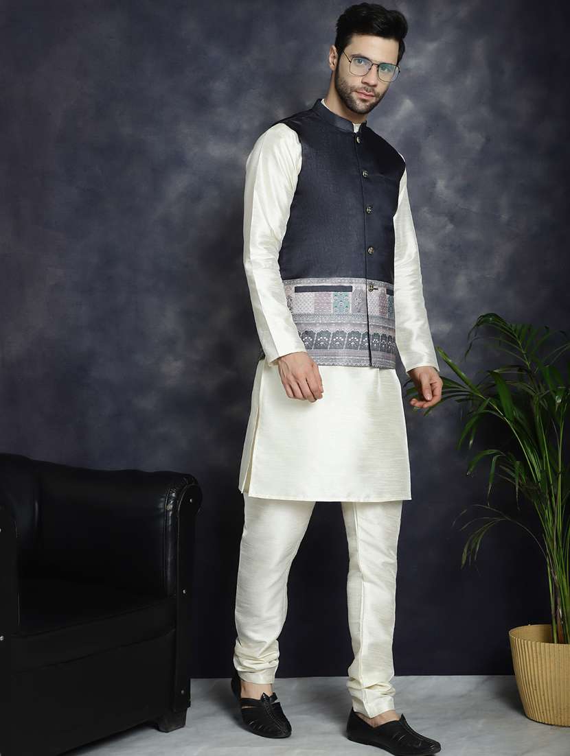 black silk blend nehru jacket - 21018655 -  Standard Image - 3