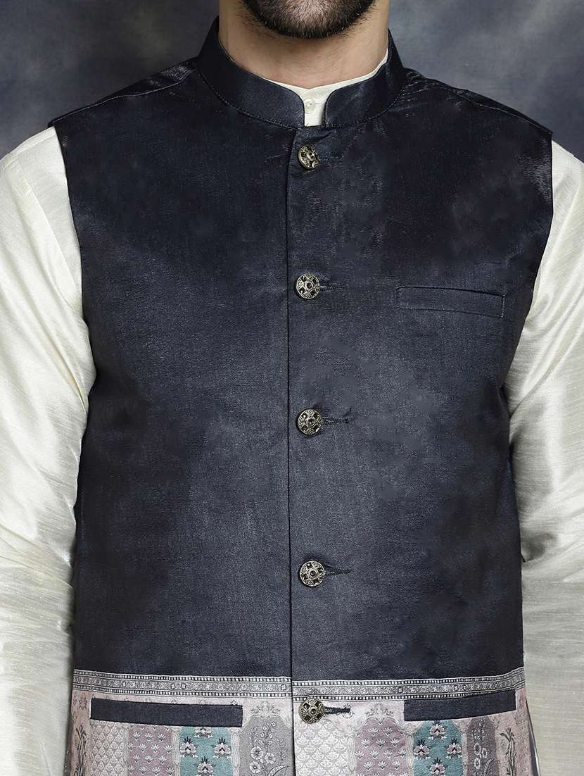 black silk blend nehru jacket - 21018655 -  Standard Image - 5