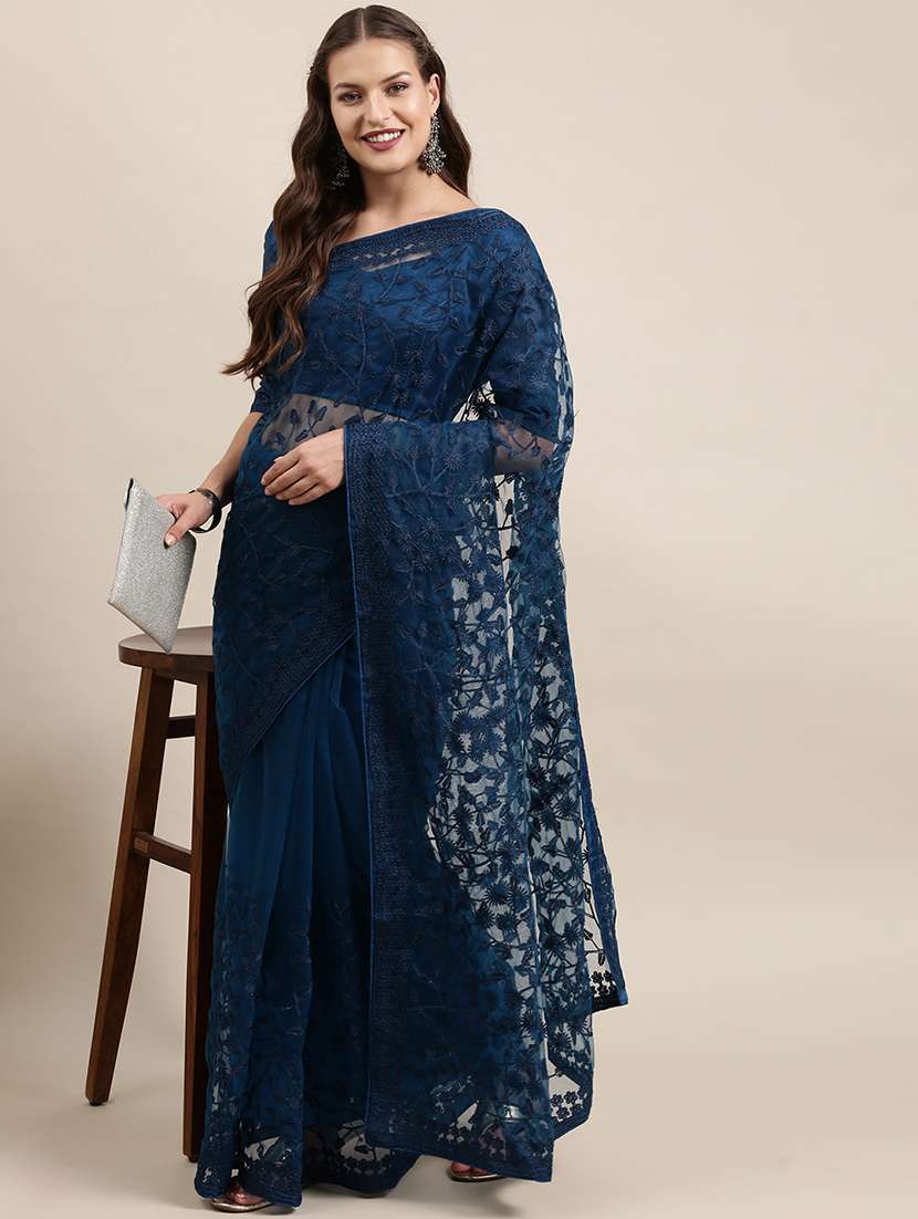 navy blue embroidered saree with blouse