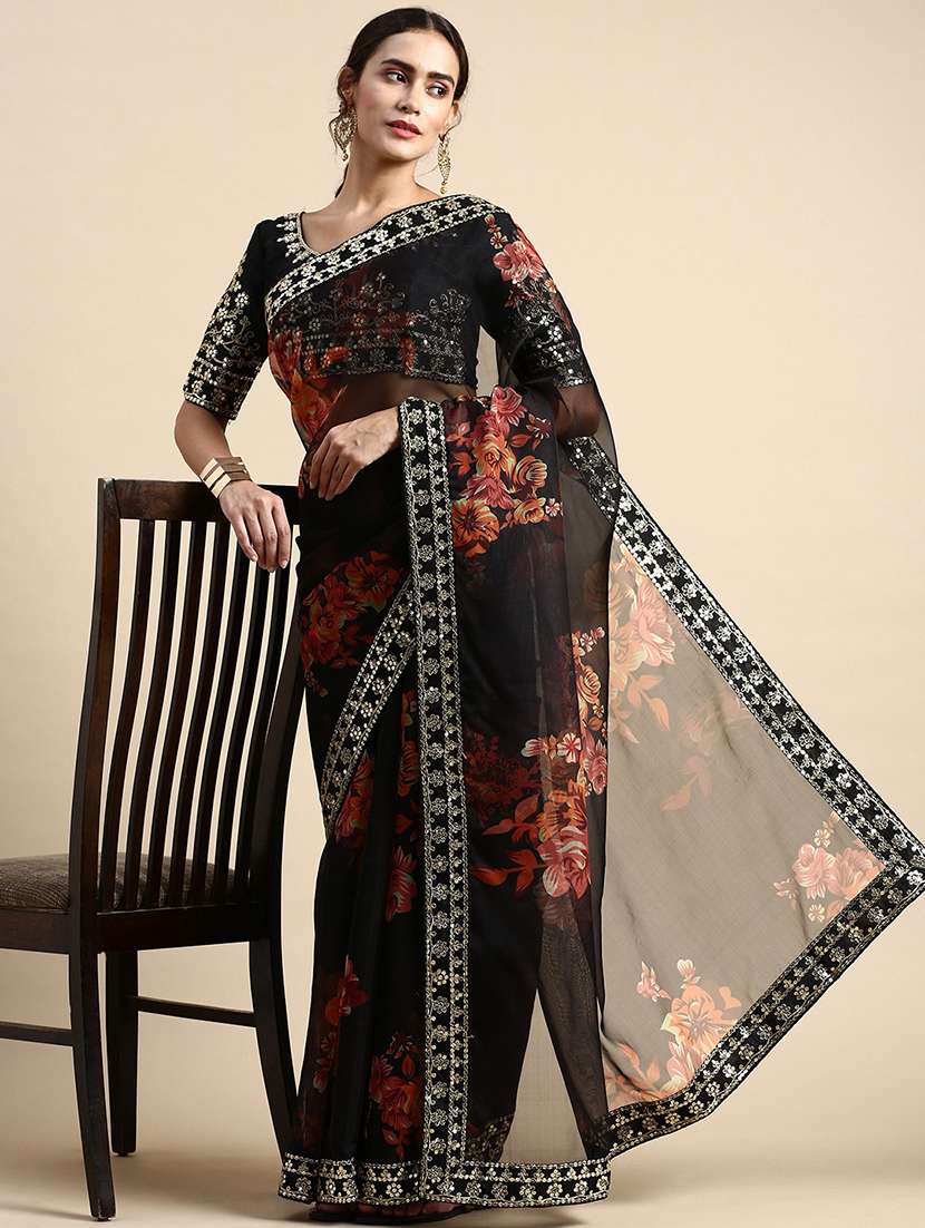 black floral printed saree with blouse