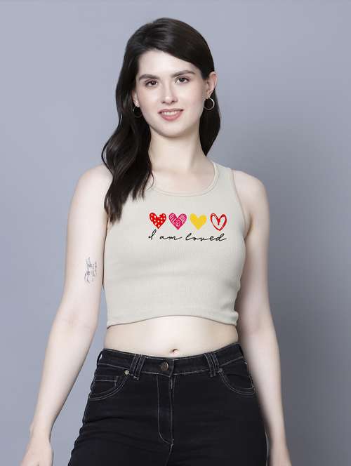 beige cotton lycra crop top - 21020170 - Standard Image - 0