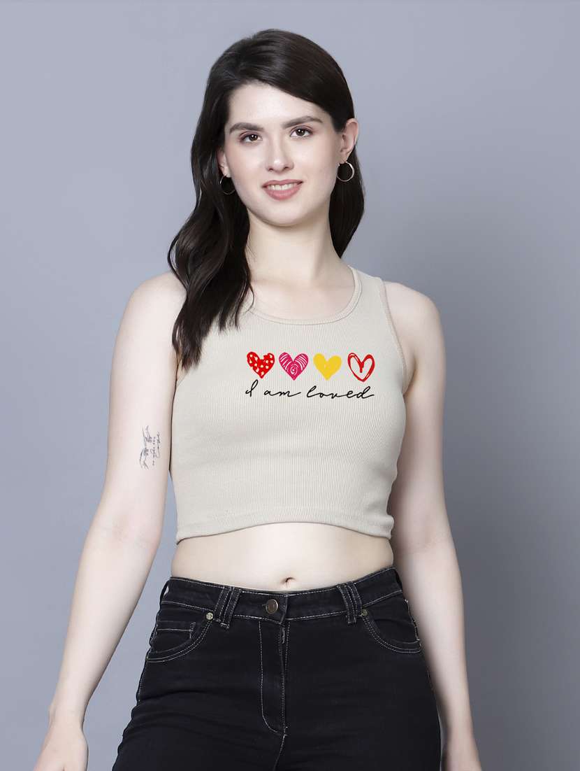 beige cotton lycra crop top - 21020170 - Zoom Image - 0