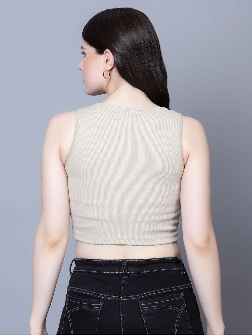 beige cotton lycra crop top - 21020170 - Standard Image - 3