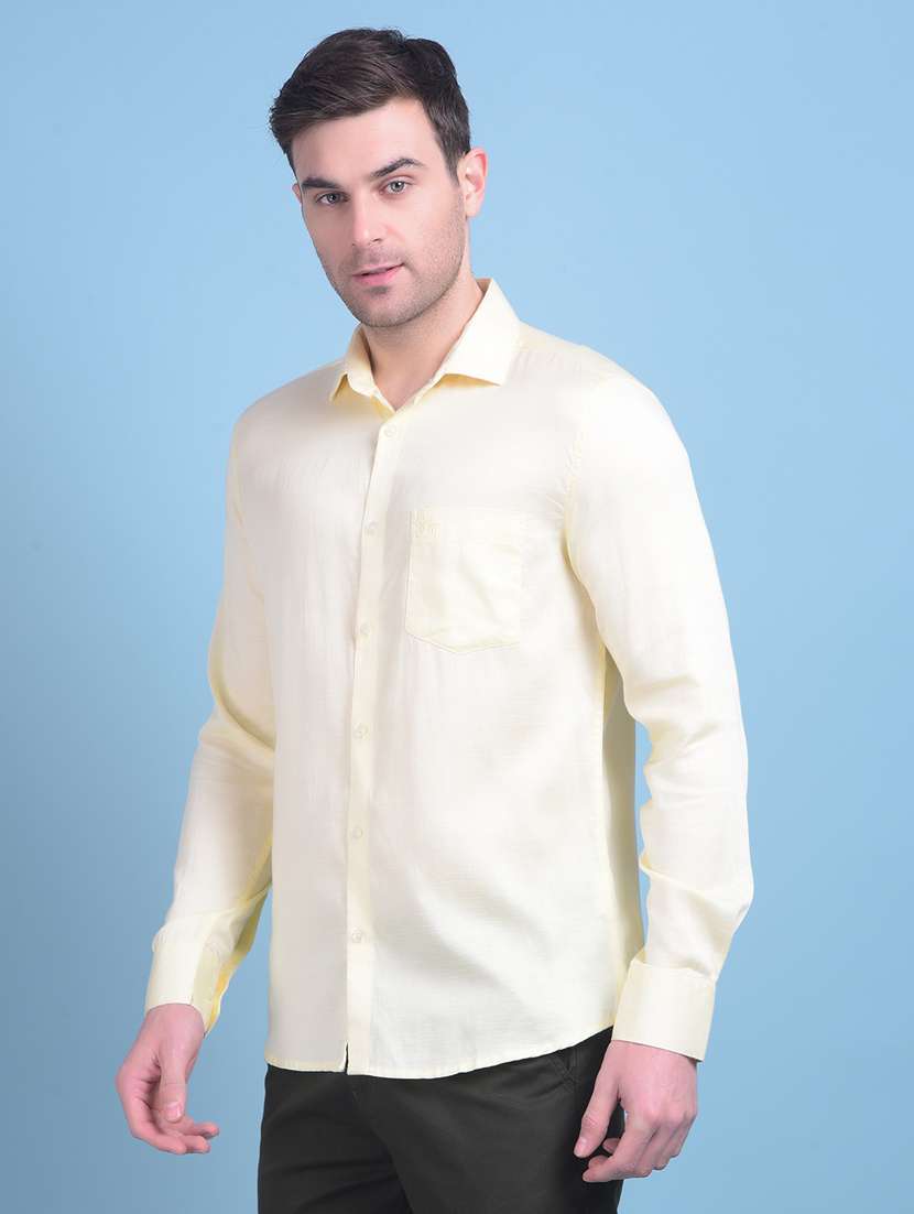 men yellow cotton blend casual shirt