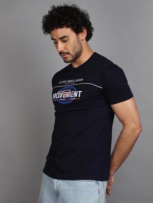 navy blue cotton blend chest print tshirt - 21022546 - Standard Image - 0