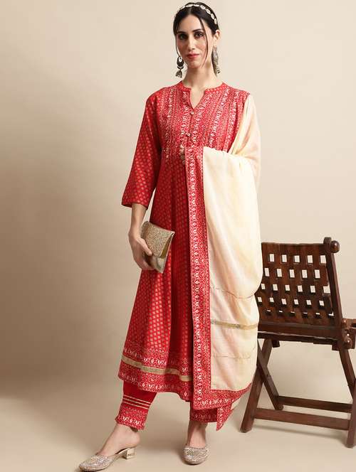 women red kurta pant set with dupatta - 21022603 - Standard Image - 0