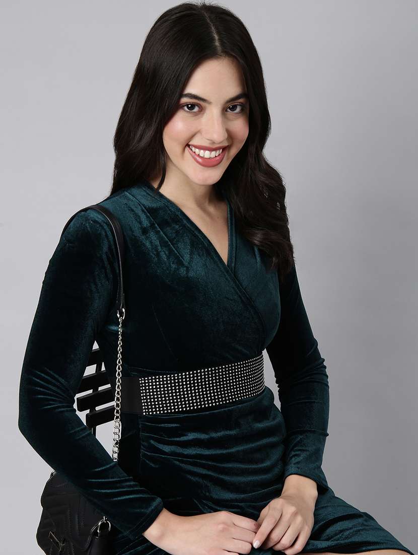 women solid overlap neck bodycon dress - 21023278 -  Standard Image - 5