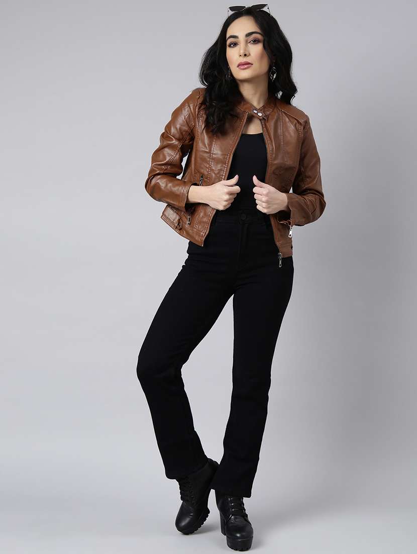 brown solid bomber/biker jacket - 21023310 -  Standard Image - 5