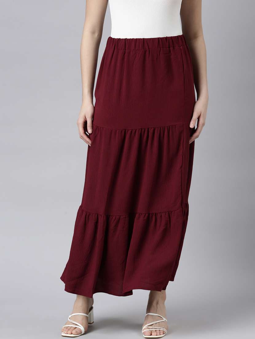 women mid-rise solid tiered skirt