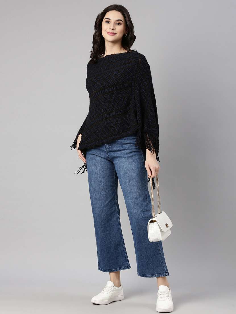 women blue self design ponchos - 21023582 - Standard Image - 5