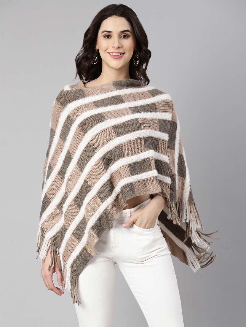 women beige self design ponchos
