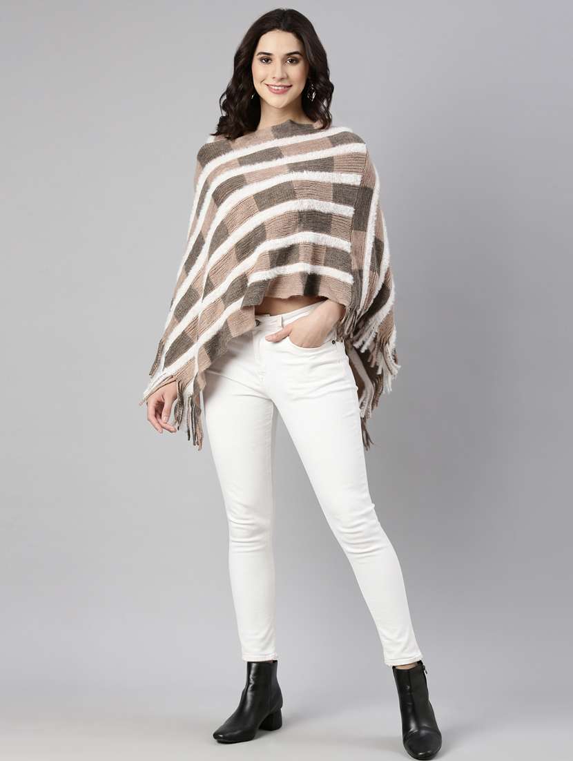 women beige self design ponchos - 21023587 - Standard Image - 5