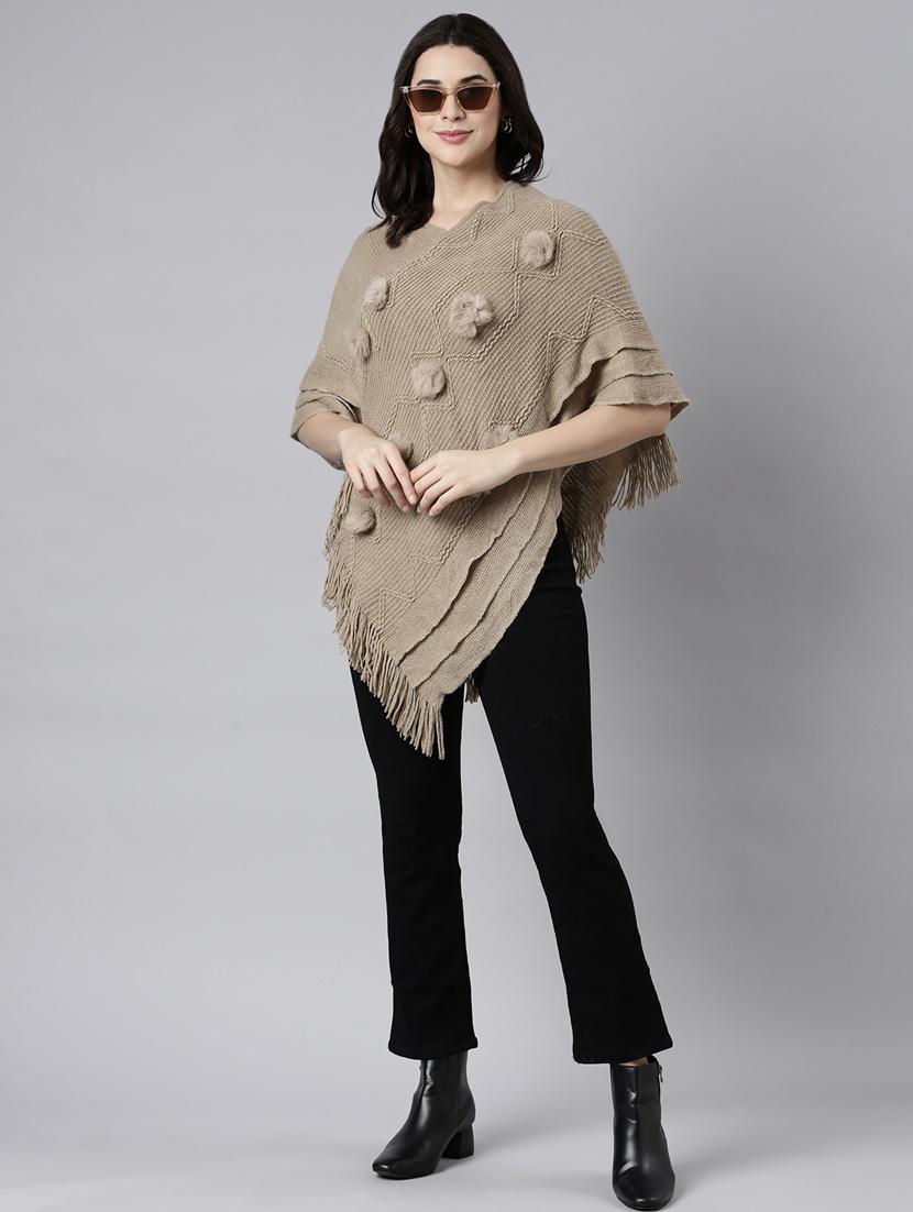 women beige self design ponchos - 21023598 - Standard Image - 5