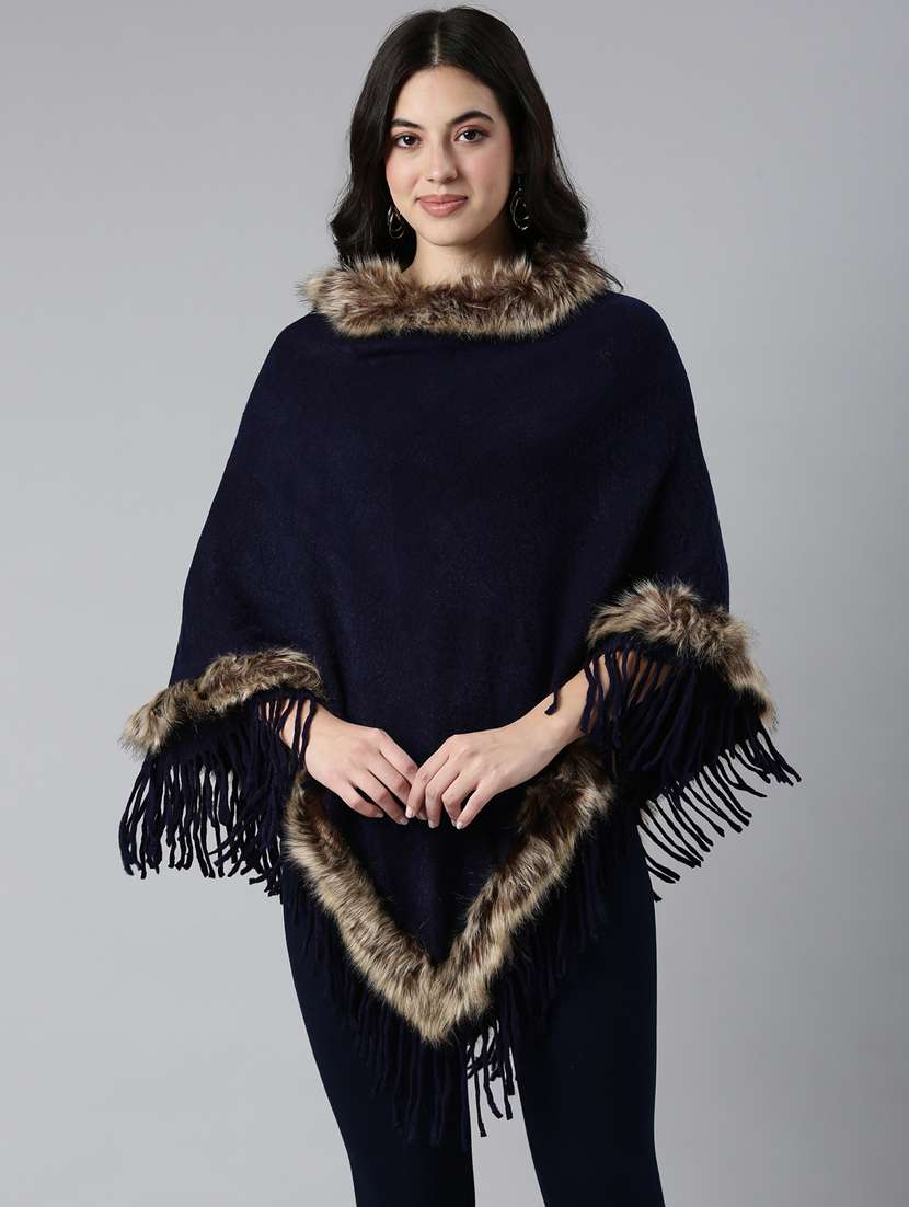 women blue solids ponchos