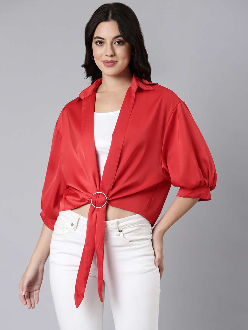 women solid color satin shirt top