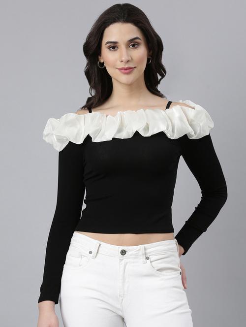 black cotton off shoulder crop top - 21023721 - Standard Image - 0