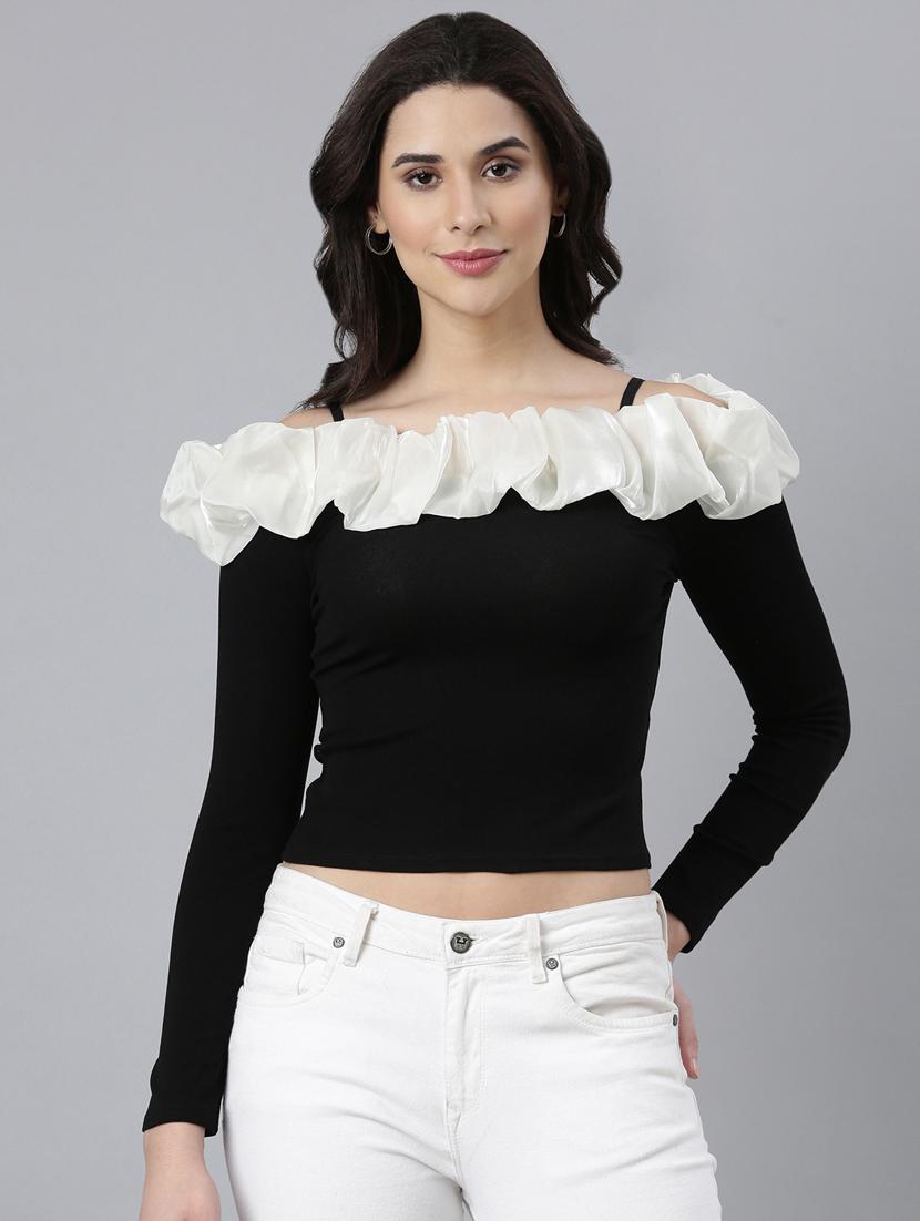 black cotton off shoulder crop top - 21023721 - Zoom Image - 0