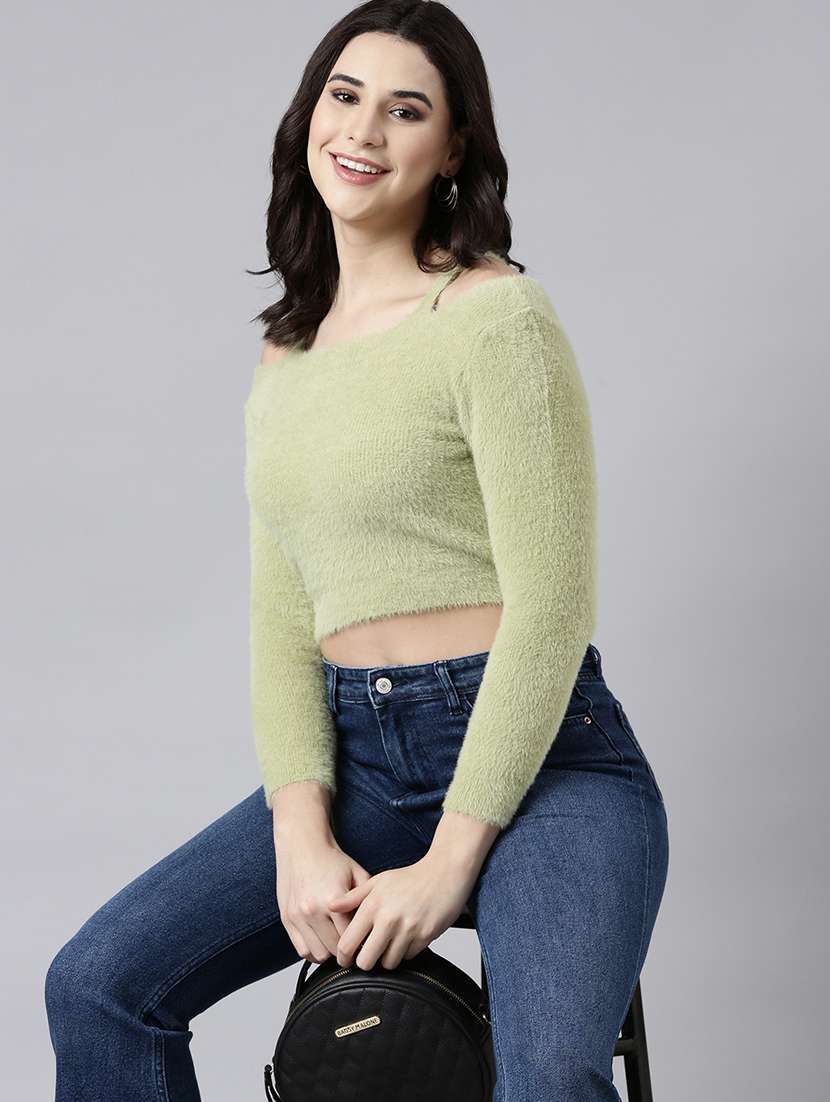 green full sleeve crop top - 21023740 -  Standard Image - 3