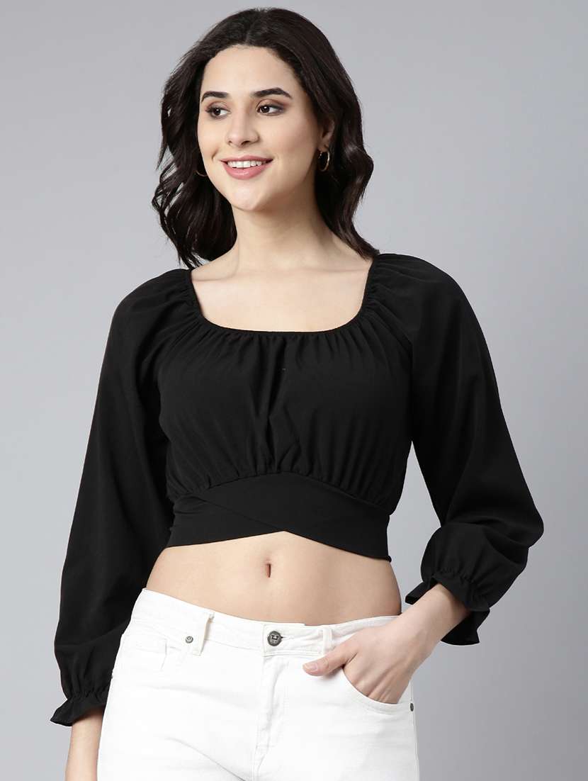 women black solids puff sleeves crop top - 21023750 - Zoom Image - 0