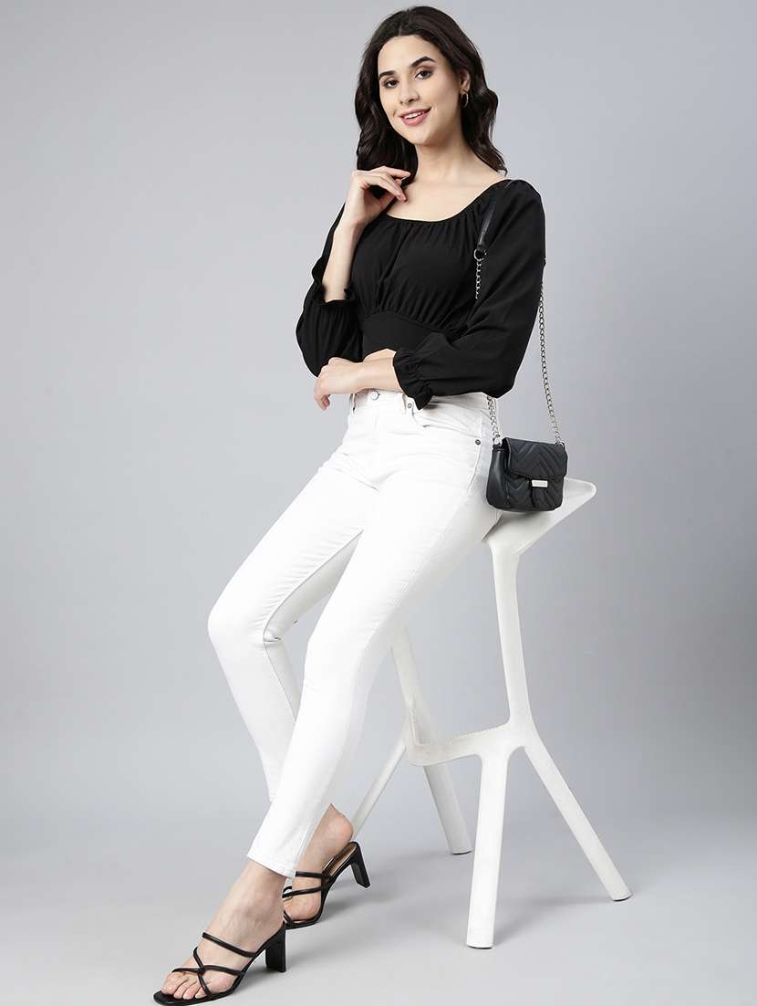 women black solids puff sleeves crop top - 21023750 - Standard Image - 5