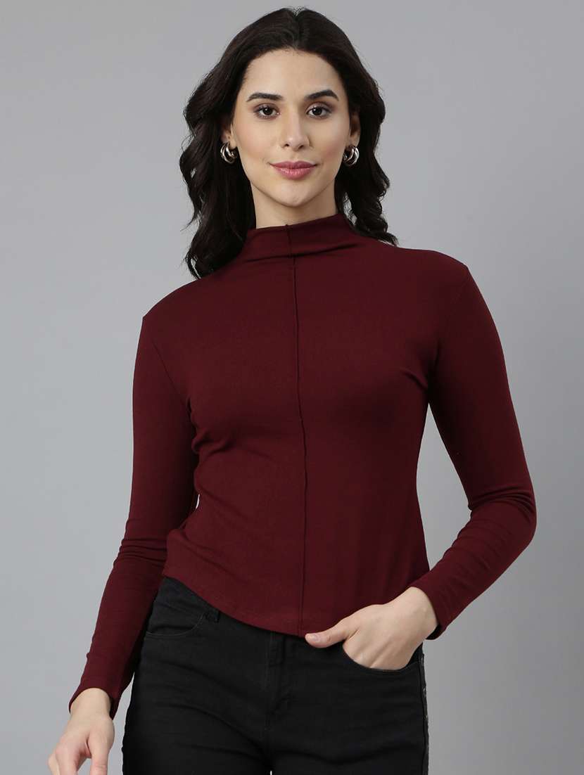 women maroon solids long sleeves top