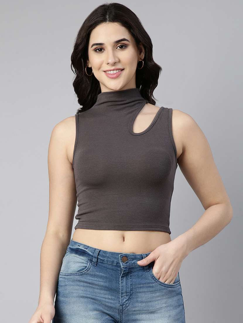 women grey solids sleeveless crop top