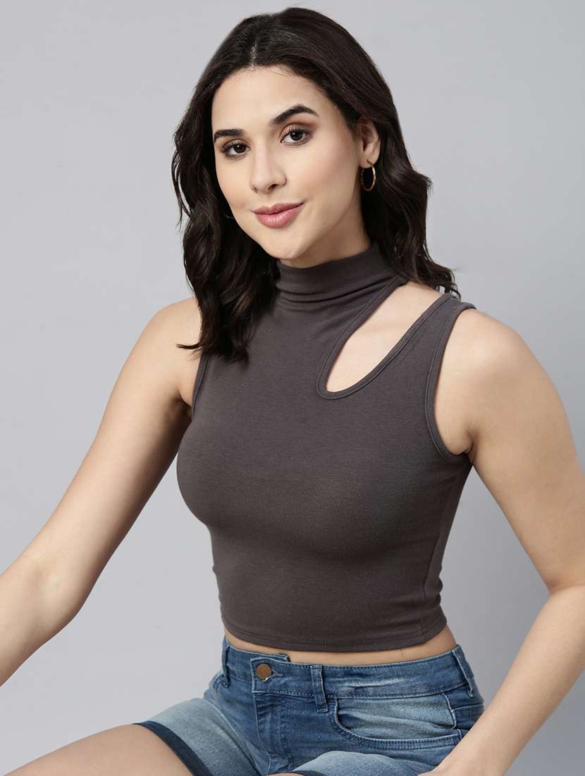 women grey solids sleeveless crop top - 21023772 - Standard Image - 3