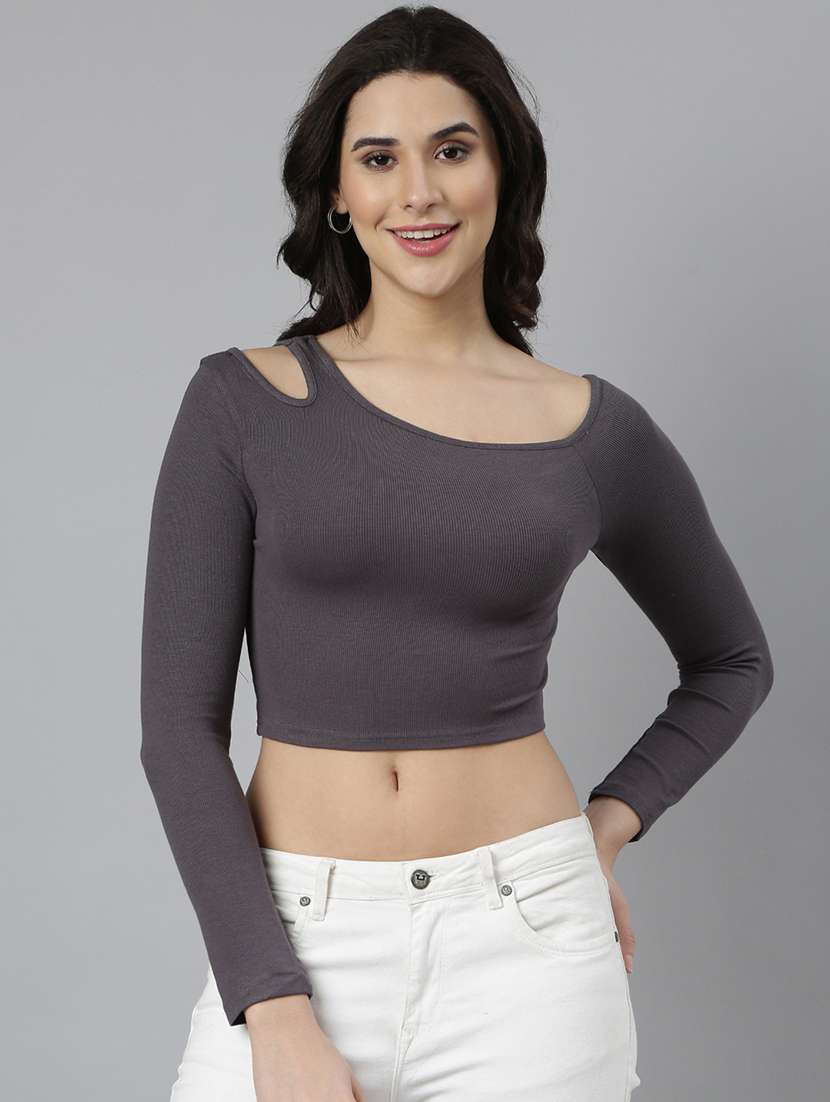 women grey solids long sleeves crop top