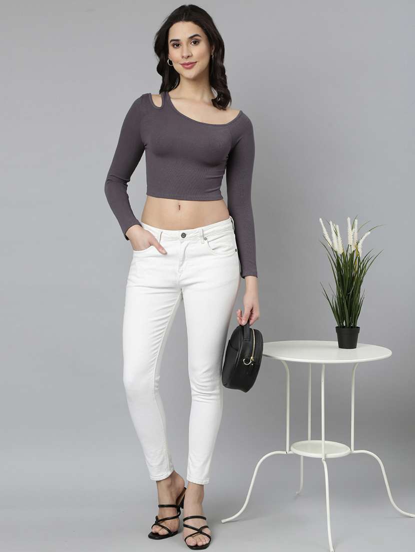 women grey solids long sleeves crop top - 21023777 -  Standard Image - 5