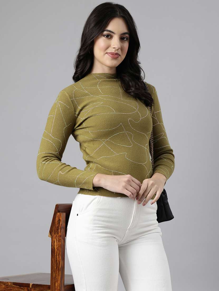 women olive embellished long sleeves top - 21023781 -  Standard Image - 3