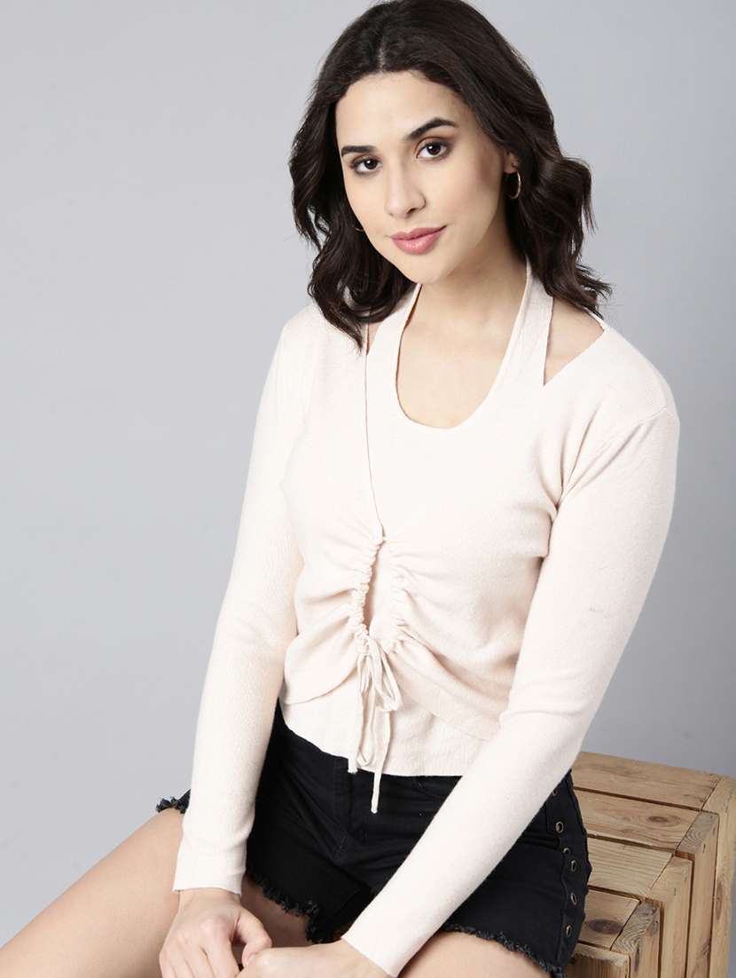 women beige solids long sleeves casual top - 21023783 - Standard Image - 3