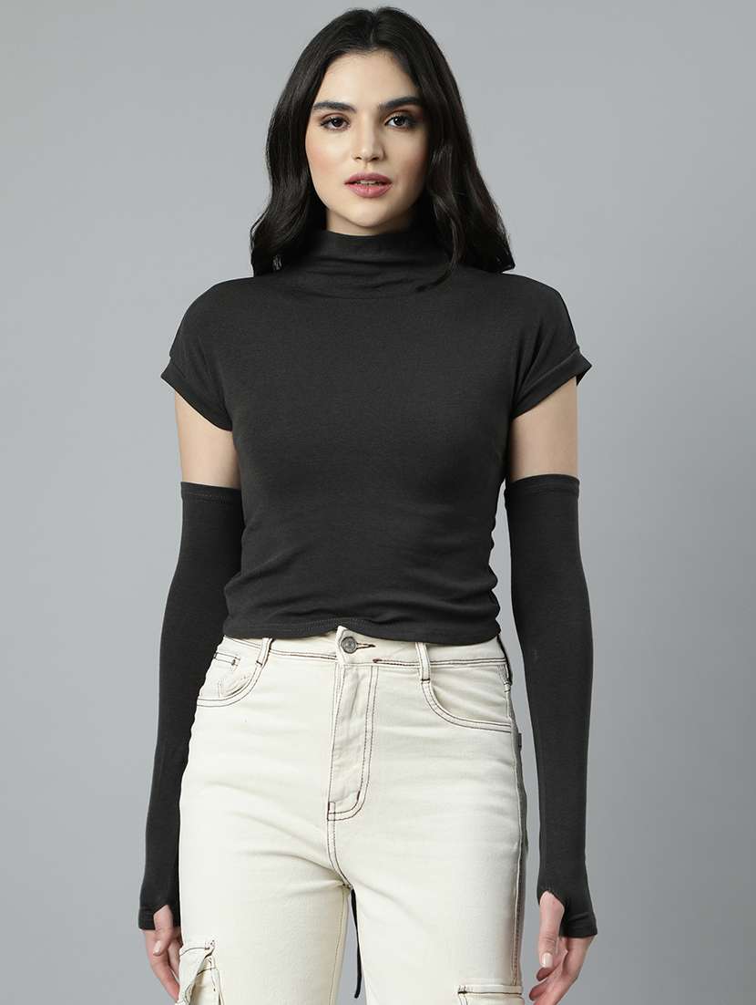 women solids short sleeves top with arm sleeves