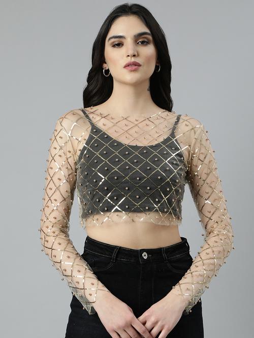 women beige embellished crop top - 21023804 - Standard Image - 0
