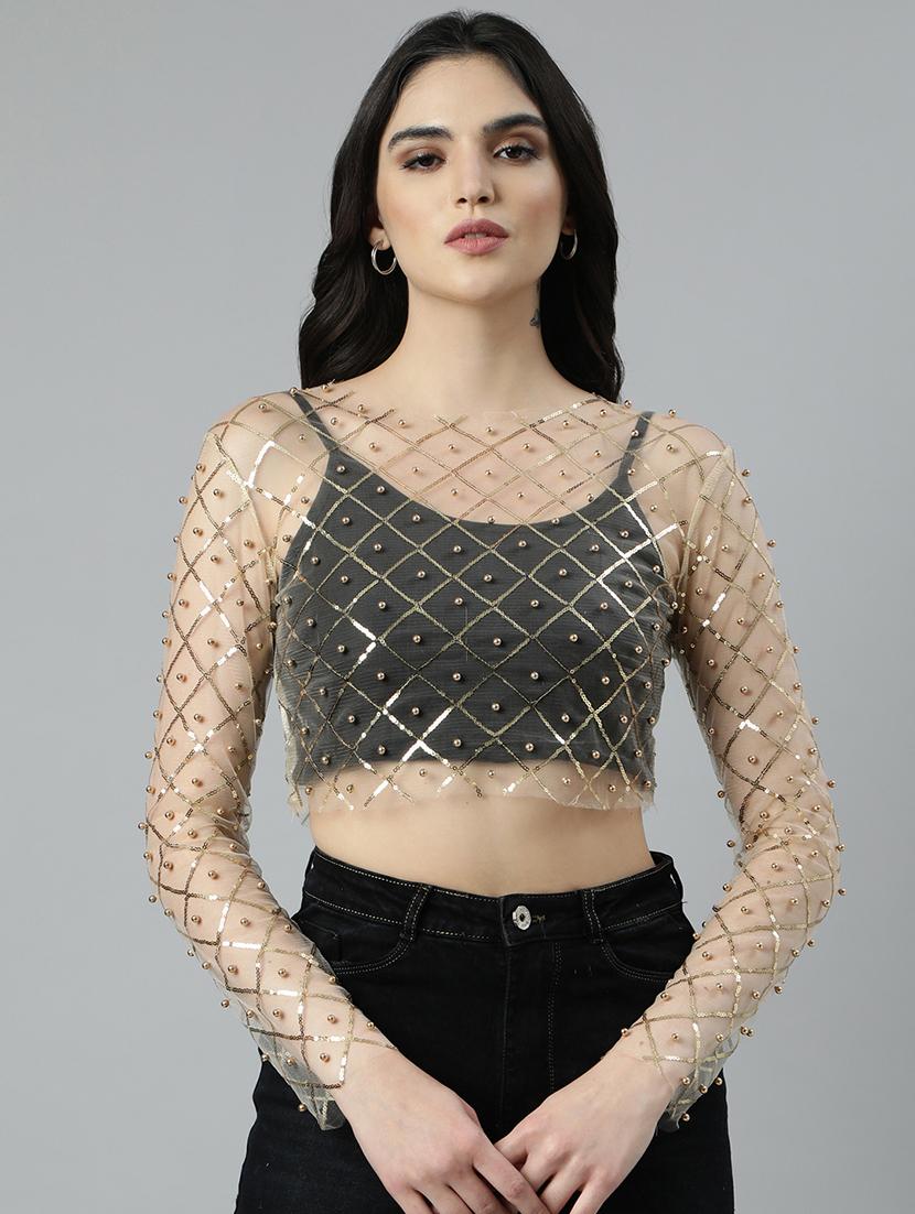 women beige embellished crop top - 21023804 - Zoom Image - 0