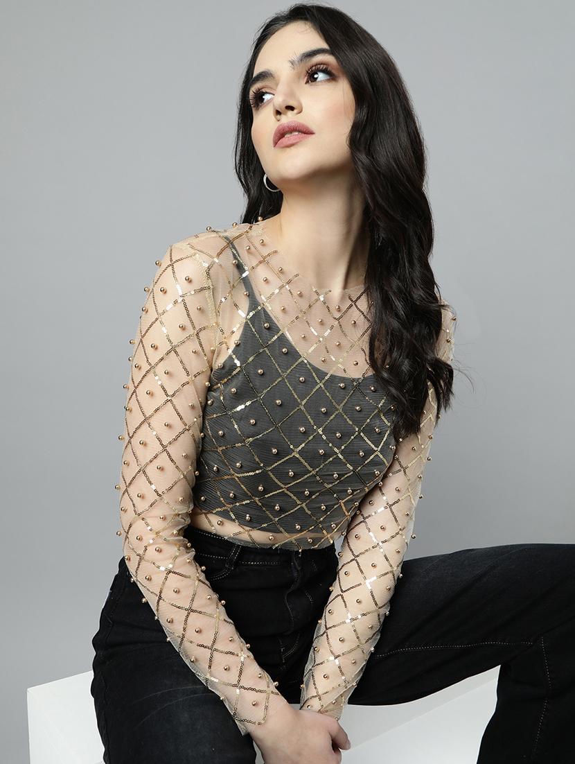 women beige embellished crop top - 21023804 - Standard Image - 3