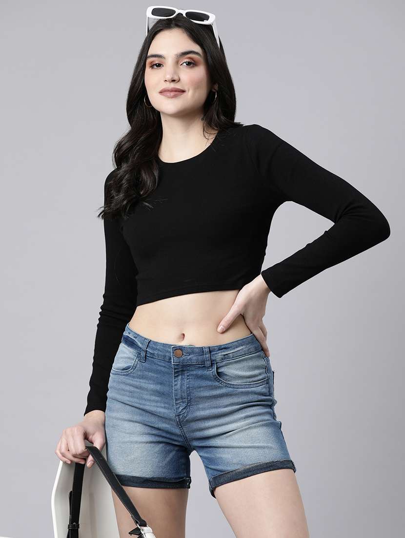 women black solids long sleeves crop top - 21023814 -  Standard Image - 3