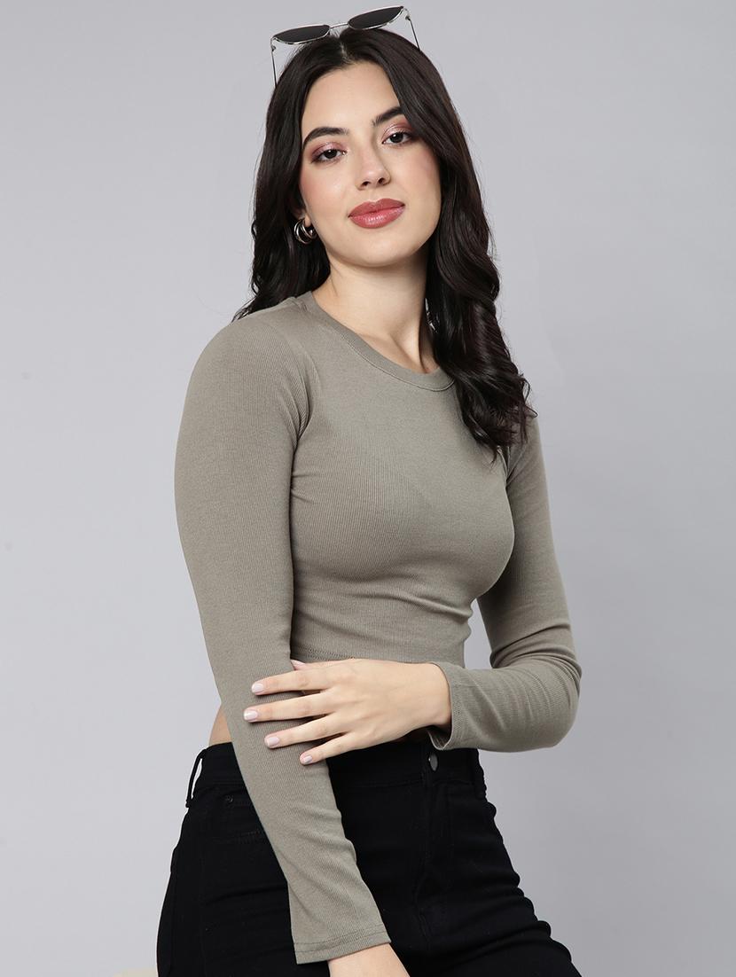 olive cotton blend crop top - 21023815 - Standard Image - 3