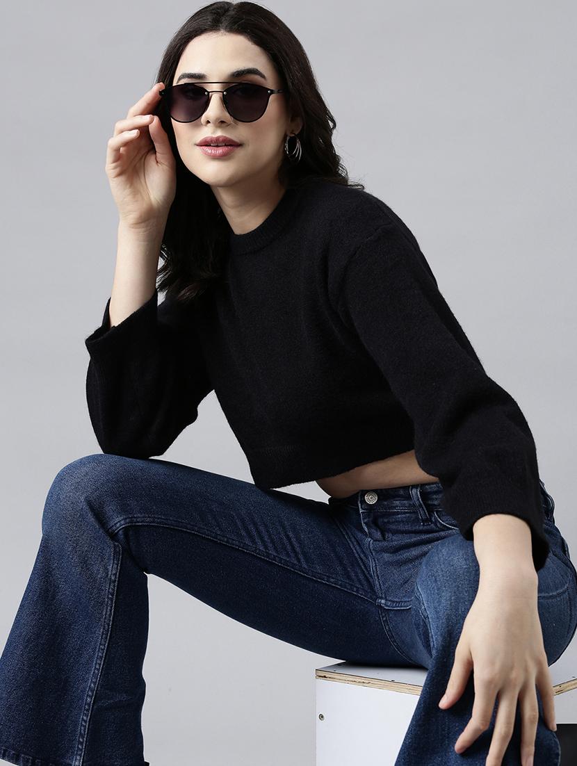 women black solids long sleeves crop top - 21023836 - Standard Image - 3