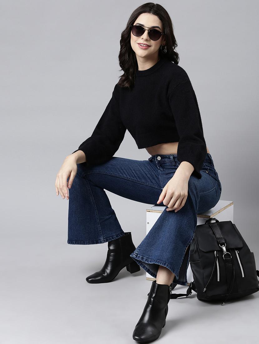 women black solids long sleeves crop top - 21023836 - Standard Image - 5