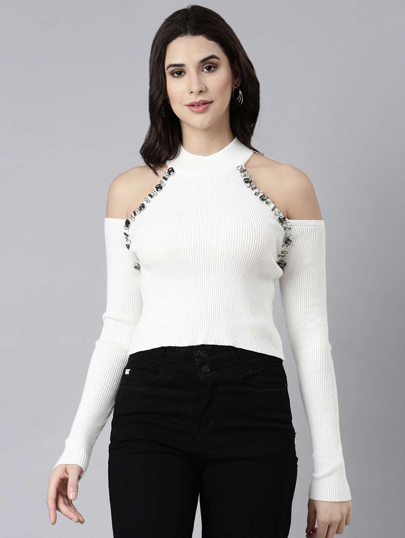 women white cold shoulder sleeves crop top