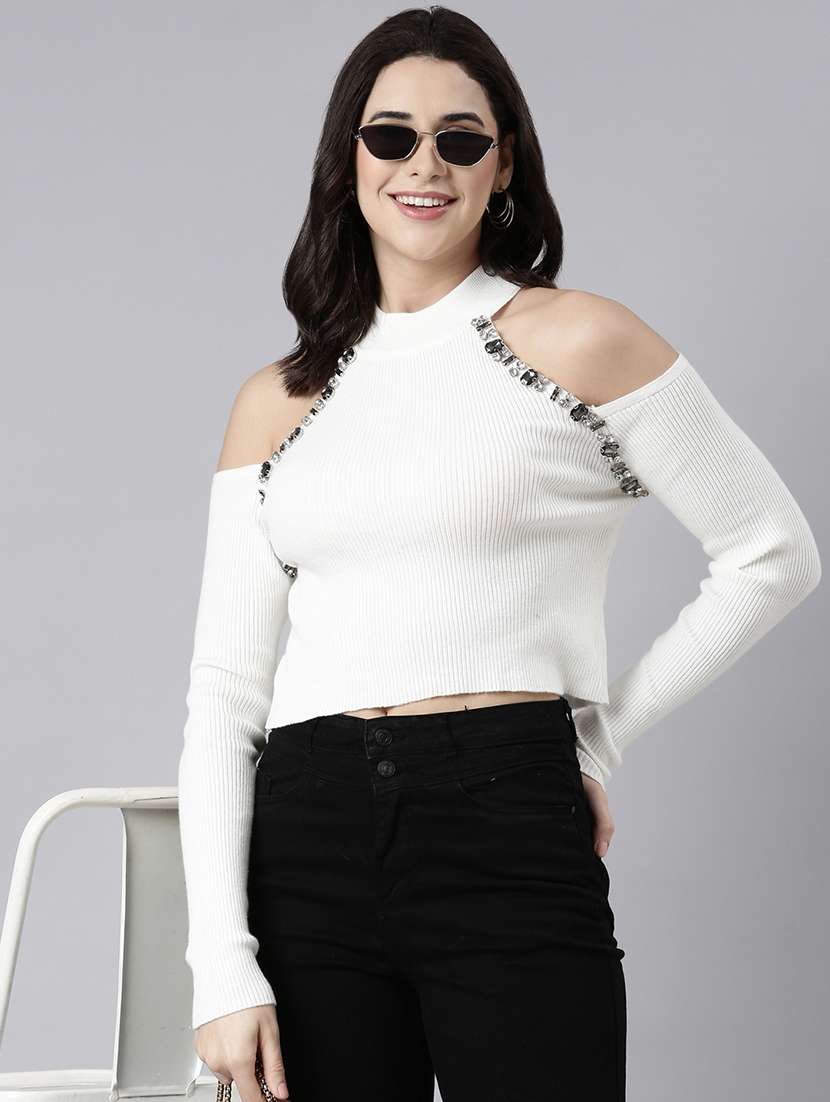 women white cold shoulder sleeves crop top - 21023847 -  Standard Image - 3